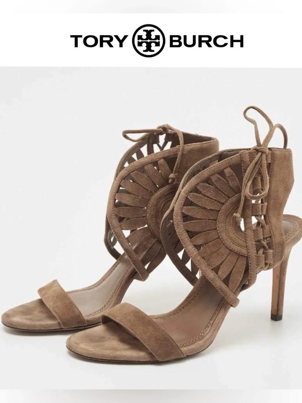Tory Burch Brown Suede Lace Up Strappy Stiletto Sandals Cutout Heels Size 5